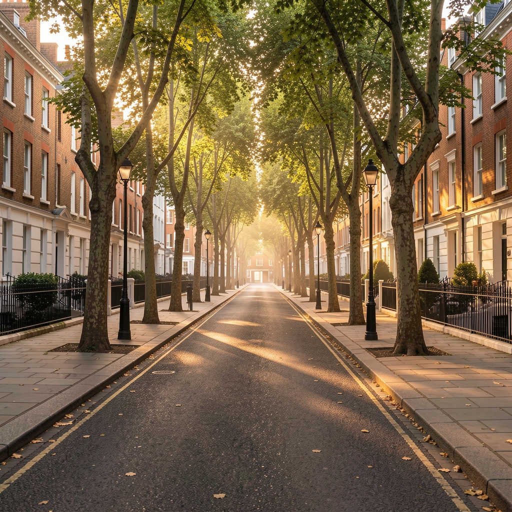 View along a quiet London street at dawn, empty pavement with dappled light through plane trees