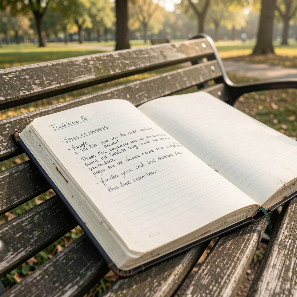 Close-up of handwritten training notes in a well-used notebook on a park bench, outdoor morning setting