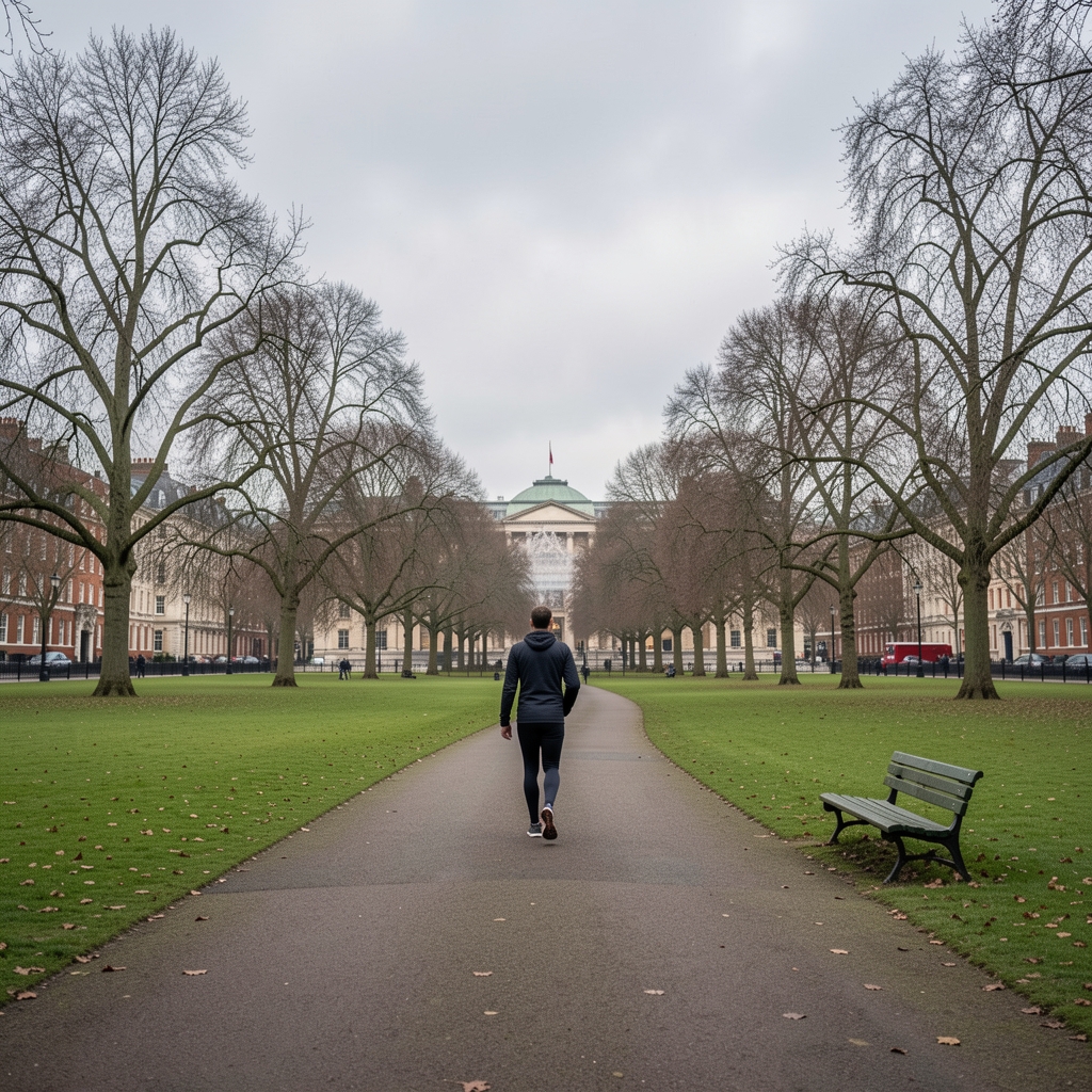 An open London park on an overcast morning with a lone figure in athletic clothing walking along a path