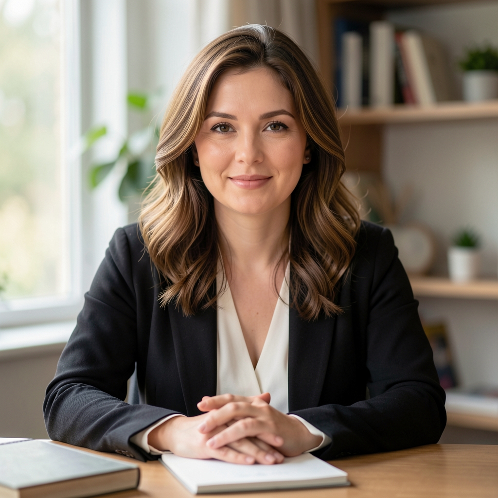 Portrait of Eleanor Whitfield, lead editor of Olareno Letters, soft natural light editorial portrait