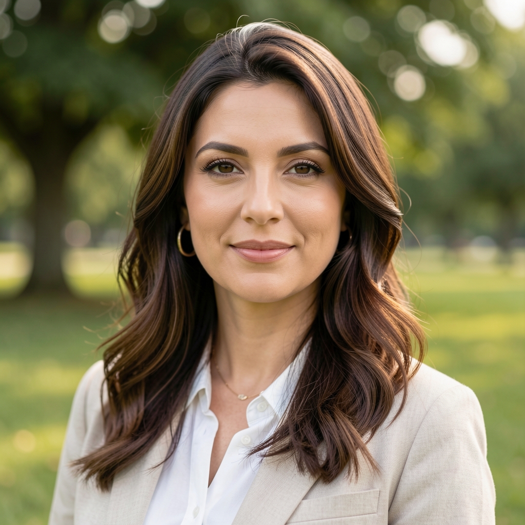 Portrait of a woman outdoors in a park setting, editorial portrait with soft natural light