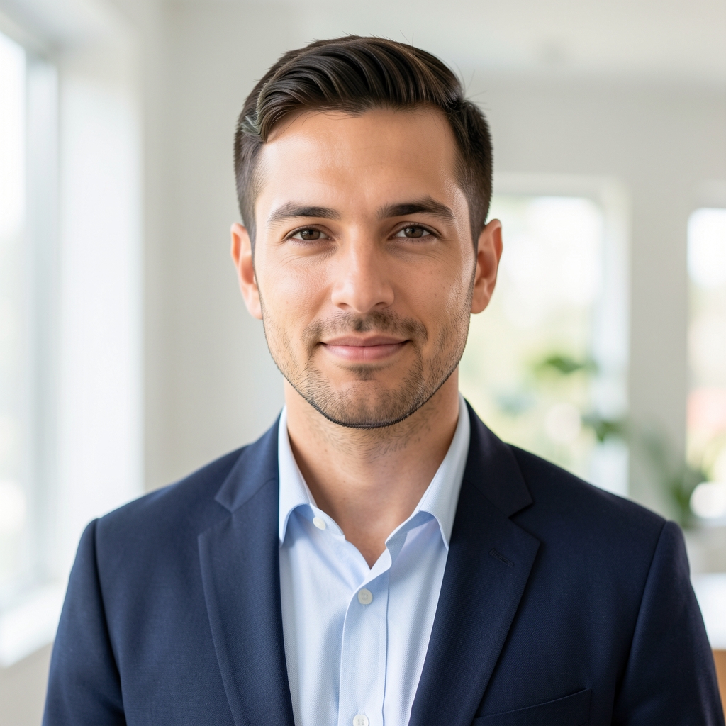 Portrait of a man in a clean bright indoor space, contemporary editorial photography