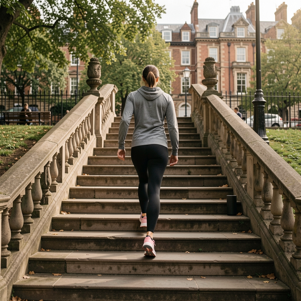 Stone staircase in an urban London park environment, person ascending steps during an outdoor interval fitness session