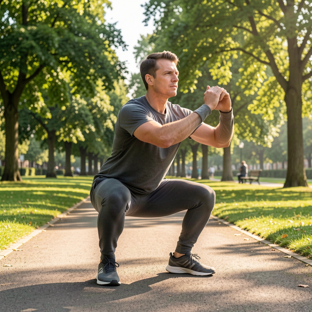 Person performing a bodyweight squat on a sunny London park pathway, green trees in background, morning light